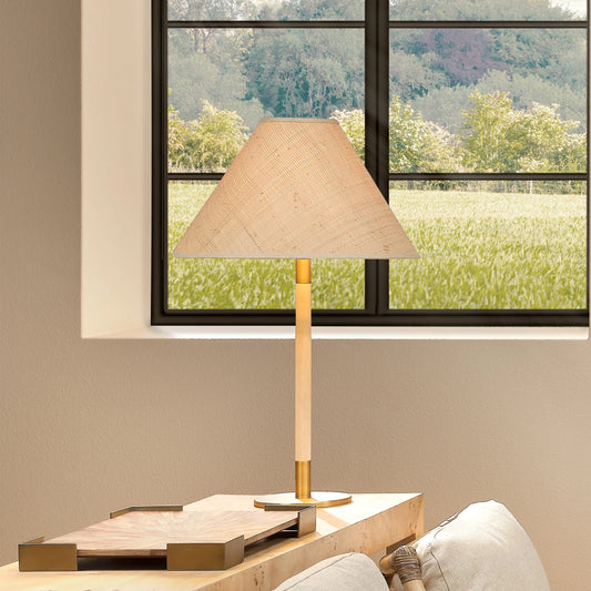Morgana Table Lamp by Jamie Young in natural & antique brass. Made from rubber wood, metal: iron in a modern style.