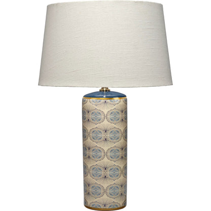 Orbital Table Lamp by Jamie Young in blue and cream, green patterned. Made from ceramic in a unique style.