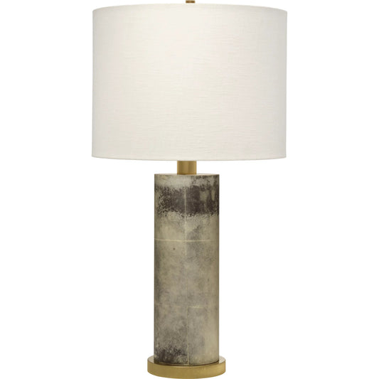 Rivet Table Lamp by Jamie Young in grey and grey vellum. Made from vellum in a unique style.
