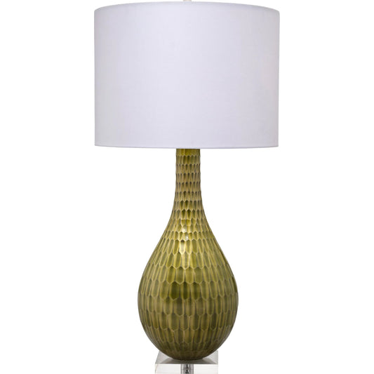 Serpentine Table Lamp by Jamie Young in green and chartreuse etched. Made from glass in a unique style.
