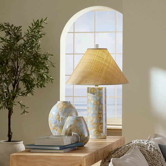 Serene Table Lamp by The Livingston Collection in blue and printed blue, natural ceramic glaze. Made from ceramic in a unique style.