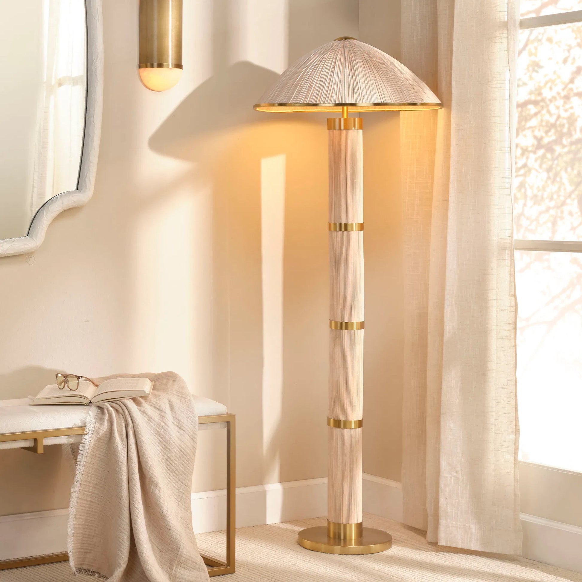 Seychelles Floor Lamp by Jamie Young in natural and white washed rattan. Made from rattan in a unique style.