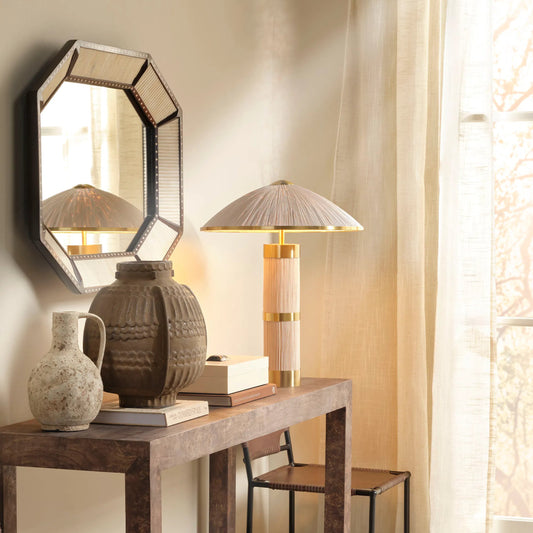 Seychelles Table Lamp by Jamie Young in natural and white washed rattan. Made from rattan in a unique style.