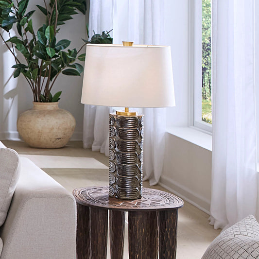 Wright Table Lamp by The Livingston Collection in espresso and reactive espresso glaze. Made from ceramic, metal in a unique style.