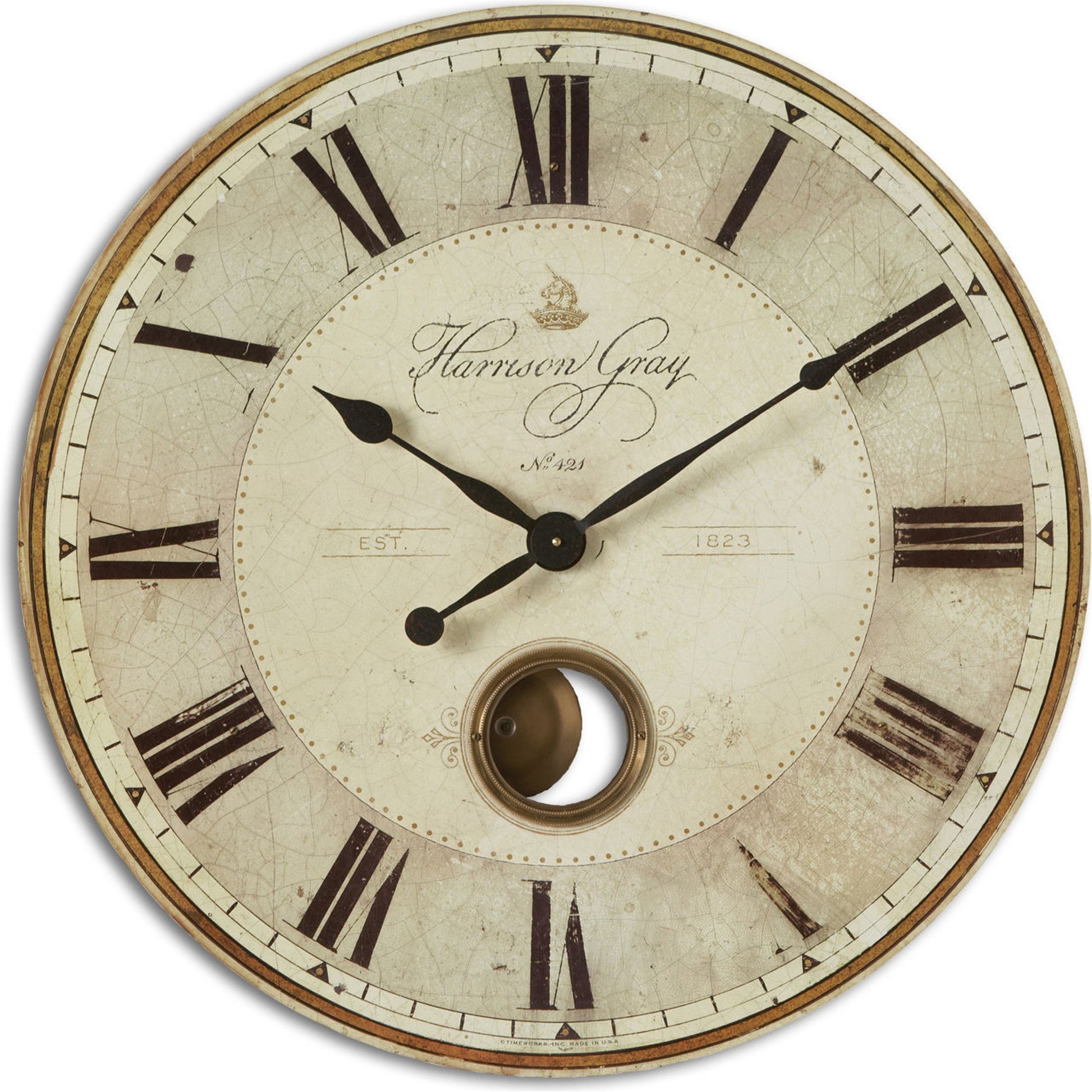 Harrison Clock by Uttermost in gray. Made from mdf, brass, aluminum in a traditional style.