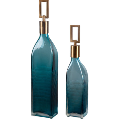 Annabella Teal Glass Bottles (Set of 2) by Uttermost. Made from glass, iron in a modern style.
