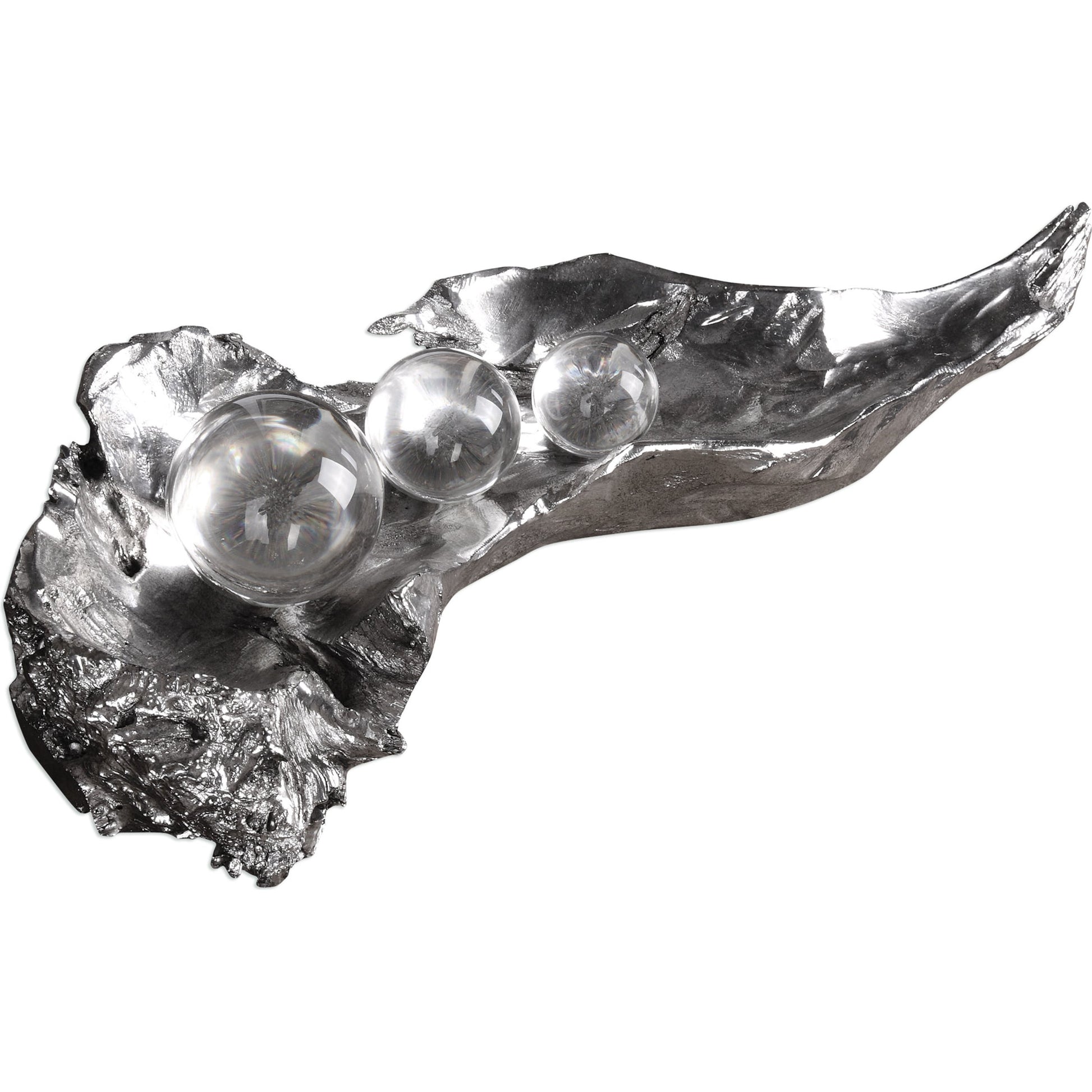 Three Peas in a Pod Metallic Sculpture by Uttermost. Made from resin, crystal in a modern style.