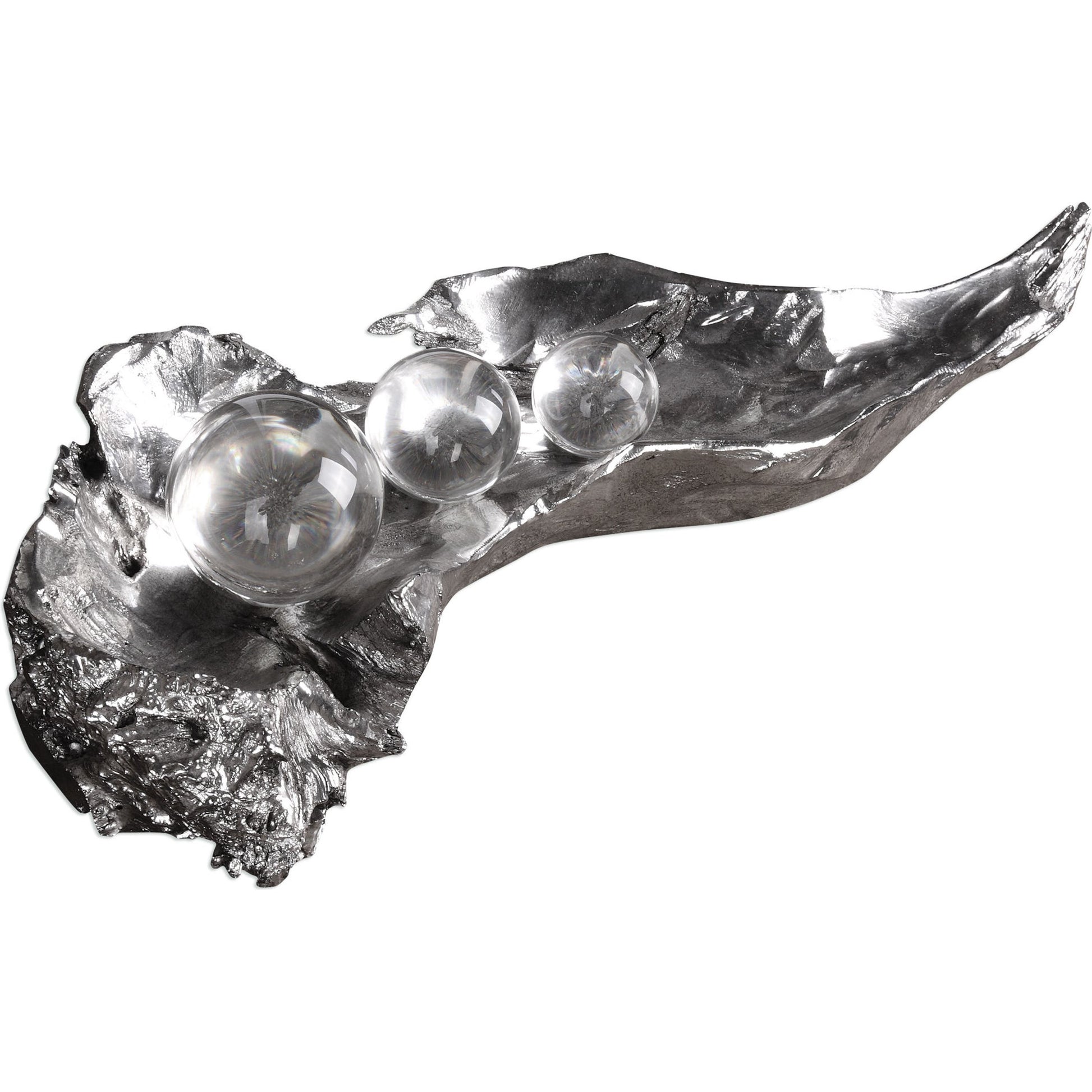 Three Peas in a Pod Metallic Sculpture by Uttermost. Made from resin, crystal in a modern style.