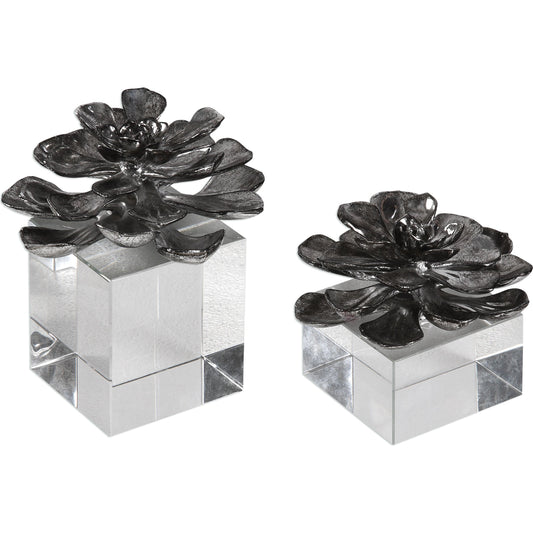 Indian Lotus Flowers (Set of 2) by Uttermost in silver. Made from crystal, resin in a modern style.