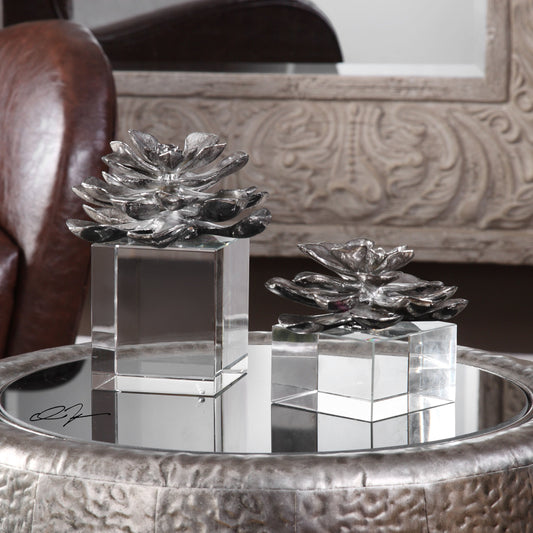 Indian Lotus Flowers (Set of 2) by Uttermost in silver. Made from crystal, resin in a modern style.