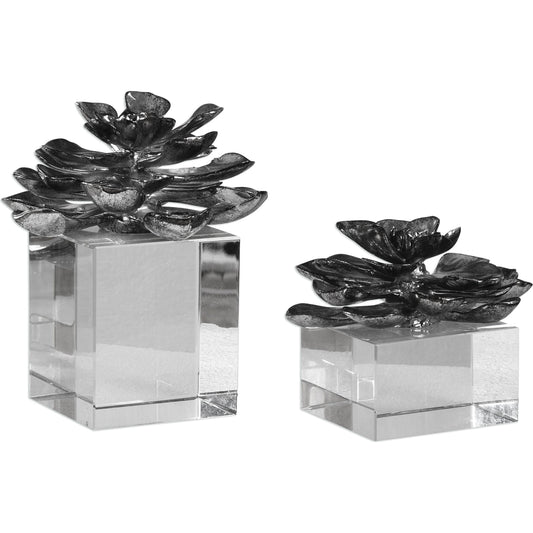 Indian Lotus Flowers (Set of 2) by Uttermost in silver. Made from crystal, resin in a modern style.