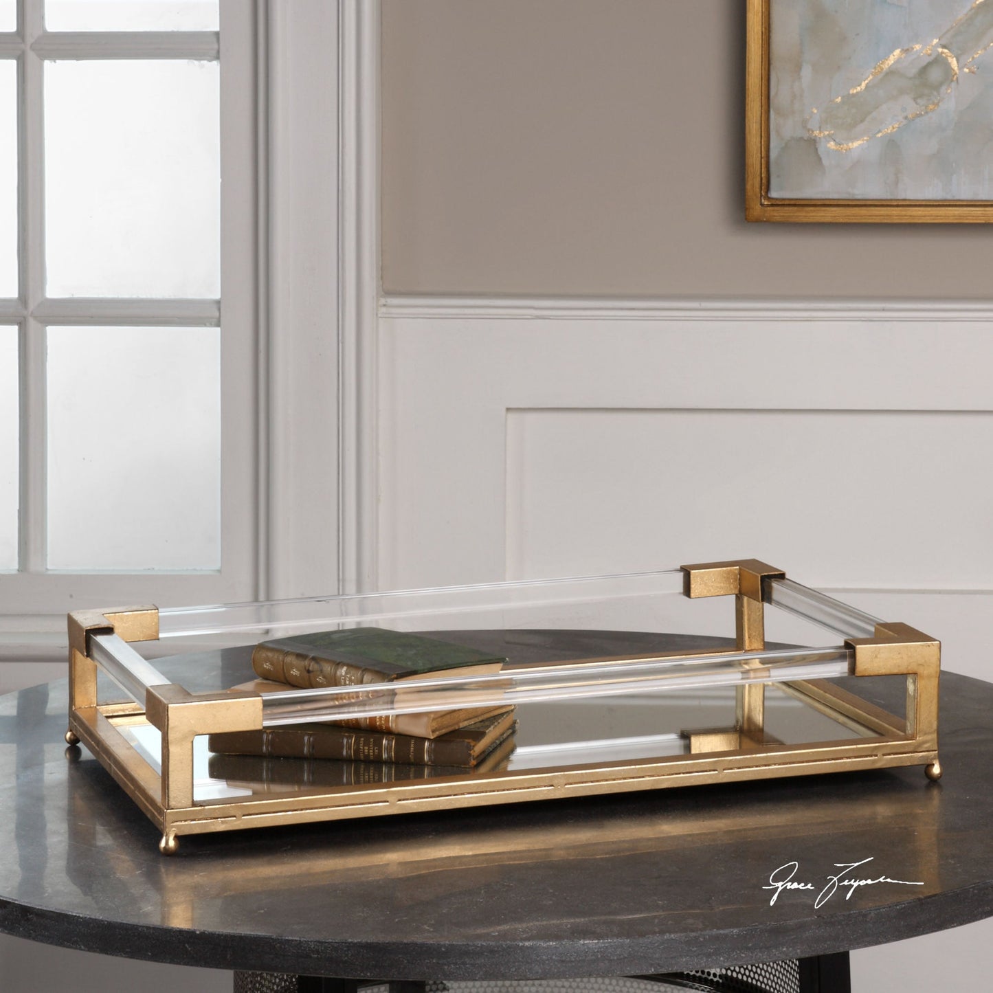 002 S-252189 | Lifestyle | Balkan Mirrored Tray by Uttermost. Made from metal, acrylic, mdf in a modern style.