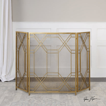 Rosen Fireplace Screen by Uttermost in gold. Made from metal in a traditional style.