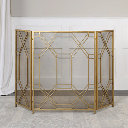 Rosen Fireplace Screen by Uttermost in gold. Made from metal in a traditional style.