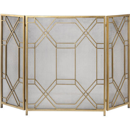 Rosen Fireplace Screen by Uttermost in gold. Made from metal in a traditional style.