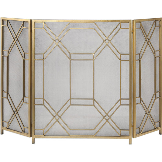 Rosen Fireplace Screen by Uttermost in gold. Made from metal in a traditional style.