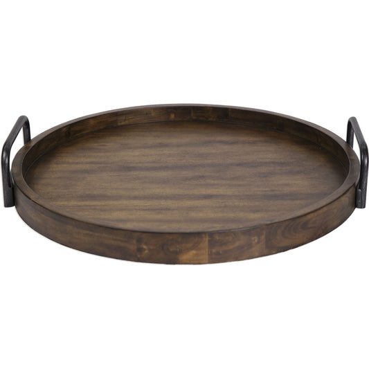Reine Round Wooden Tray by Uttermost. Made from mdf, veneer, acacia wood, metal in a cottage & farmhouse style.