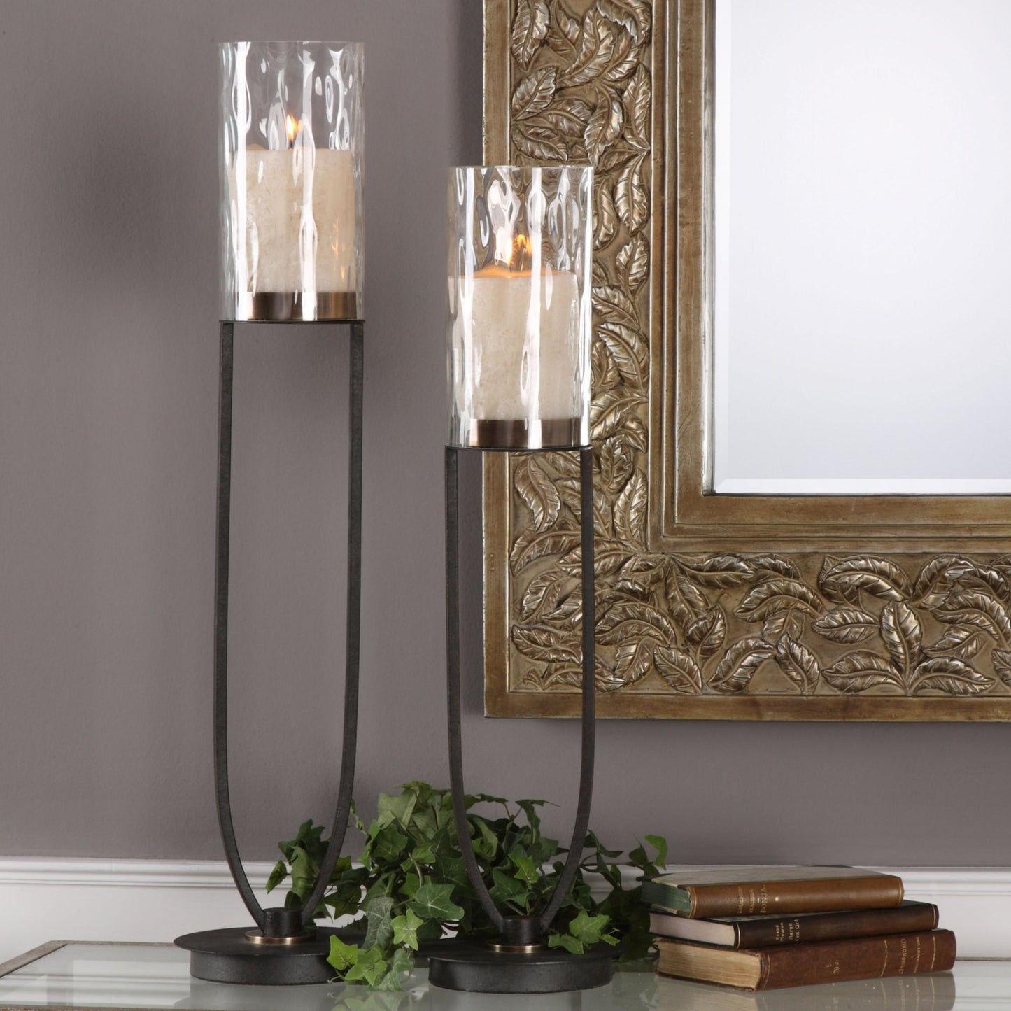 001 S-252277 | Lifestyle | Durga Iron Work Candleholders (Set of 2) by Uttermost in iron. Made from metal, glass in a modern style.