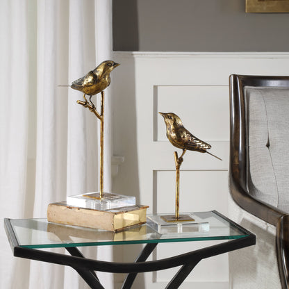 Passerines Bird Sculptures (Set of 2) by Uttermost. Made from polyresin, iron, crystal in a cottage & farmhouse style.