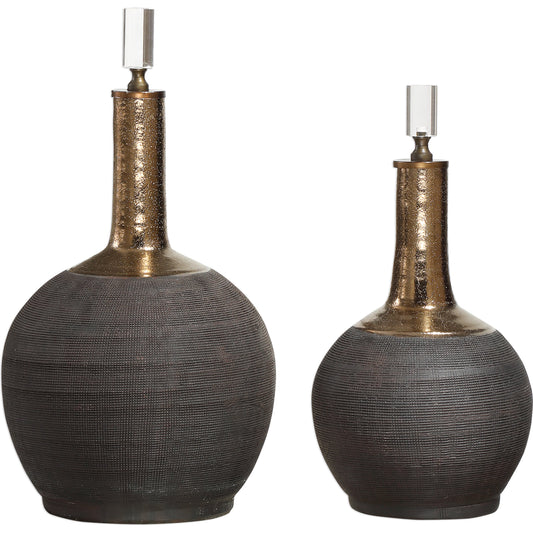 Arnav Bottles (Set of 2) by Uttermost in black. Made from ceramic, crystal, metal in a modern style.
