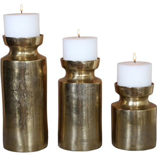 Amina Antique Brass Candleholders by Uttermost. Made from aluminum, wax in a eclectic & global style.
