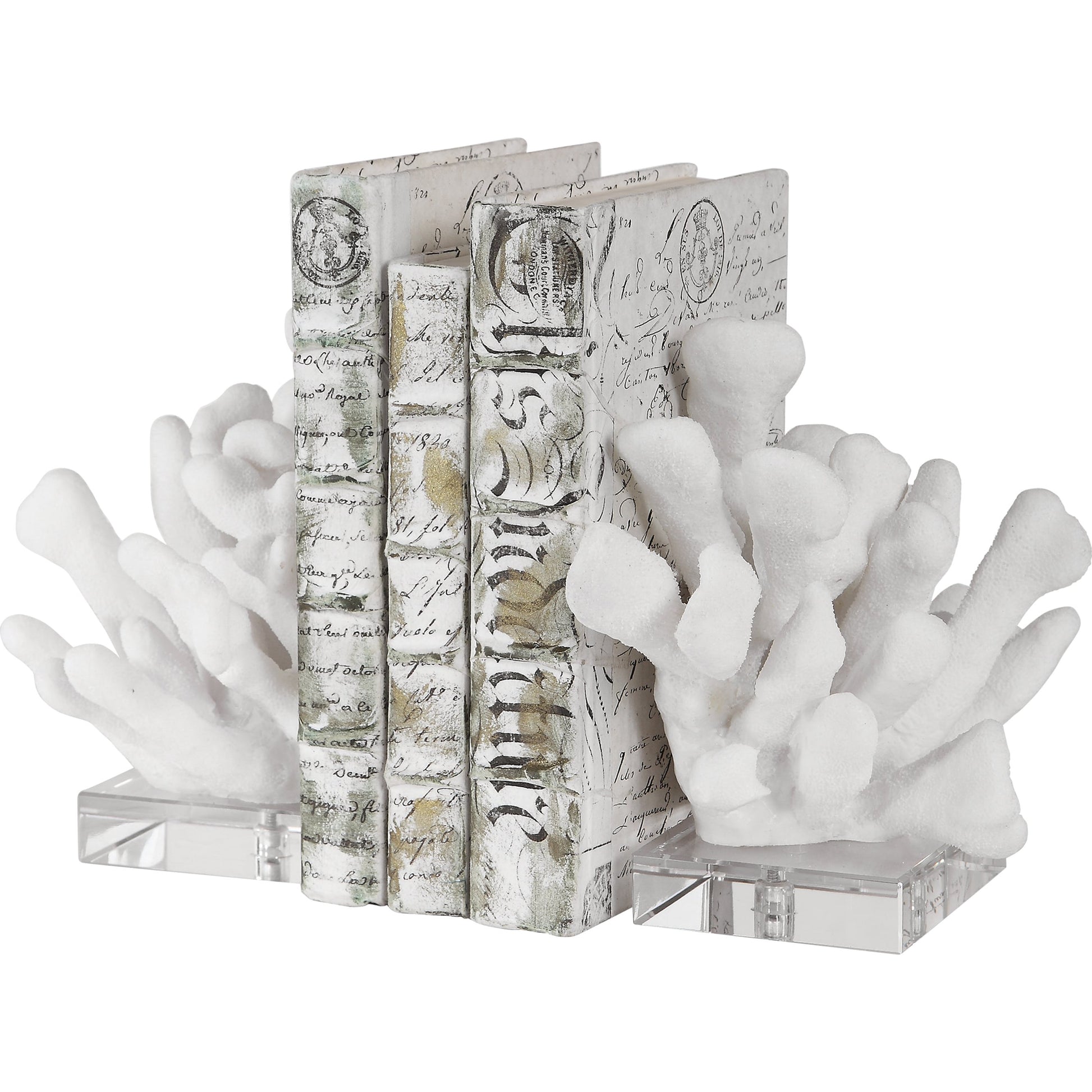Charbel Bookends by Uttermost in white. Made from resin, k9cystal in a coastal style.