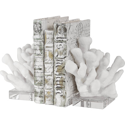 Charbel Bookends by Uttermost in white. Made from resin, k9cystal in a coastal style.