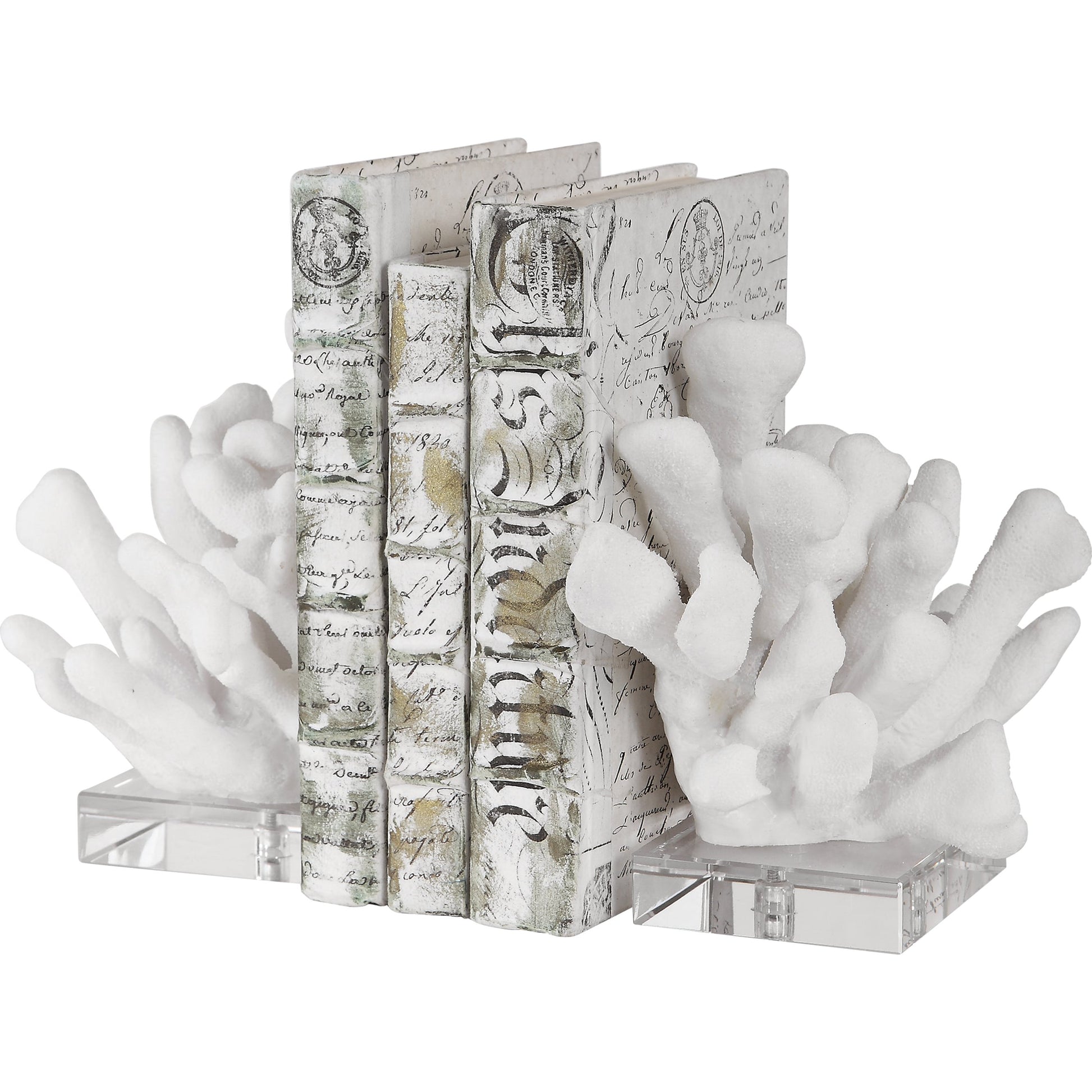 Charbel Bookends by Uttermost in white. Made from resin, k9cystal in a coastal style.