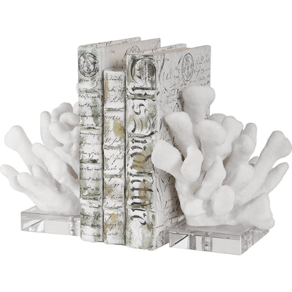 Charbel Bookends by Uttermost in white. Made from resin, k9cystal in a coastal style.