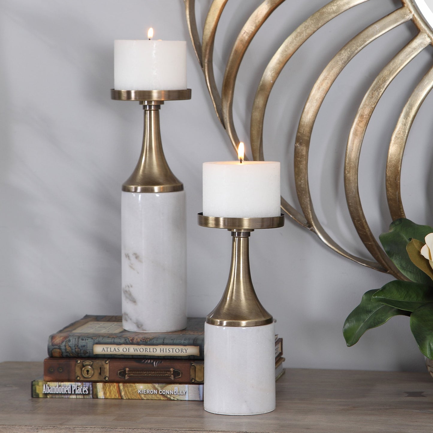 002 SR-388943 | Lifestyle | Castiel Candleholders by Uttermost in marble. Made from steel, marble in a transitional style.