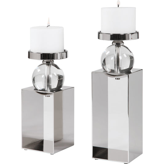 Lucian Candleholders by Uttermost in nickel. Made from steel, crystal in a modern style.