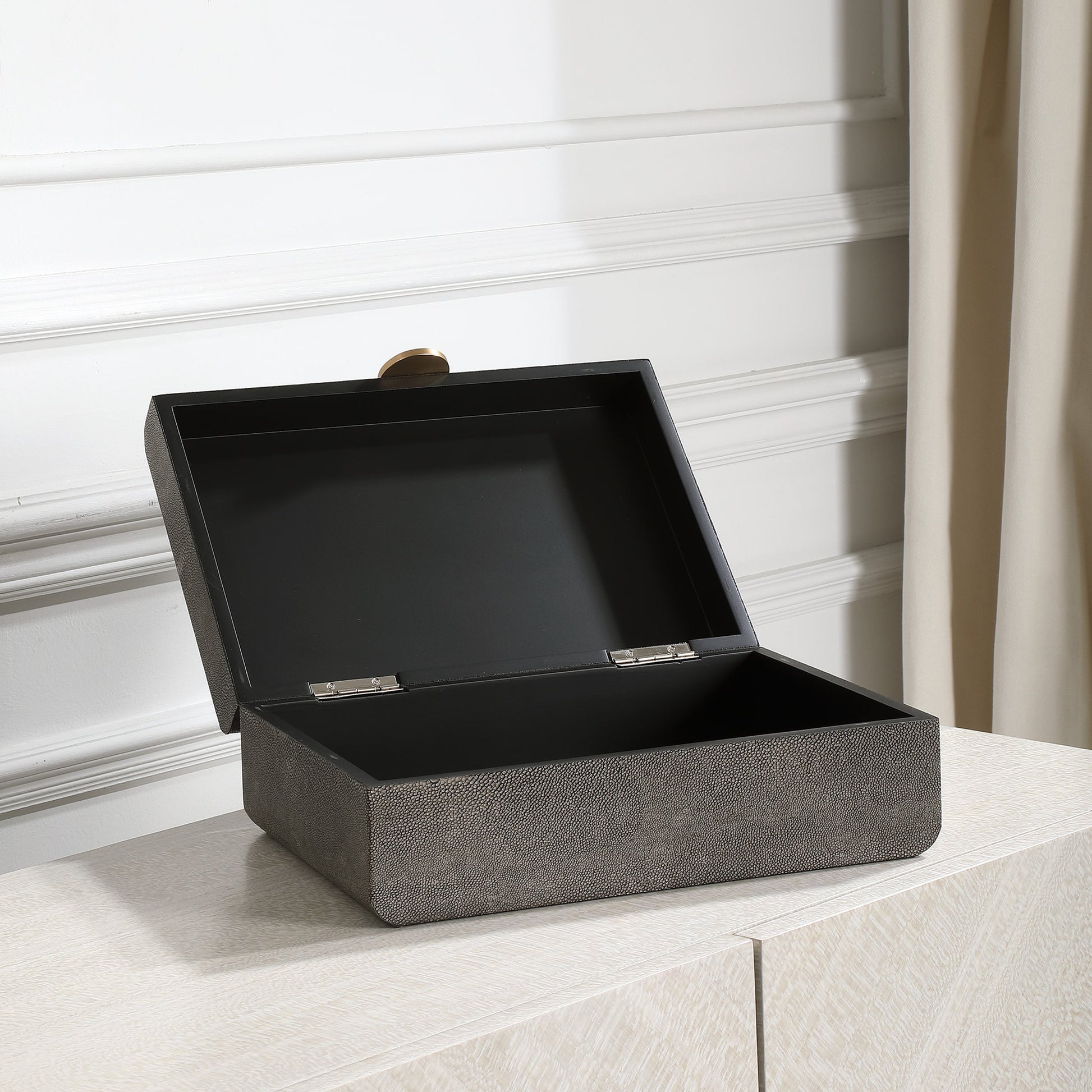 Lalique Box by Uttermost in multi and smoke gray. Made from mdf 85%, pu fabric 10%, other 5% in a eclectic & global style.
