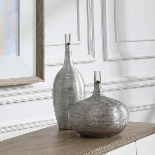 Gatsby Bottles by Uttermost in silver. Made from ceramic, steel, crystal in a modern style.