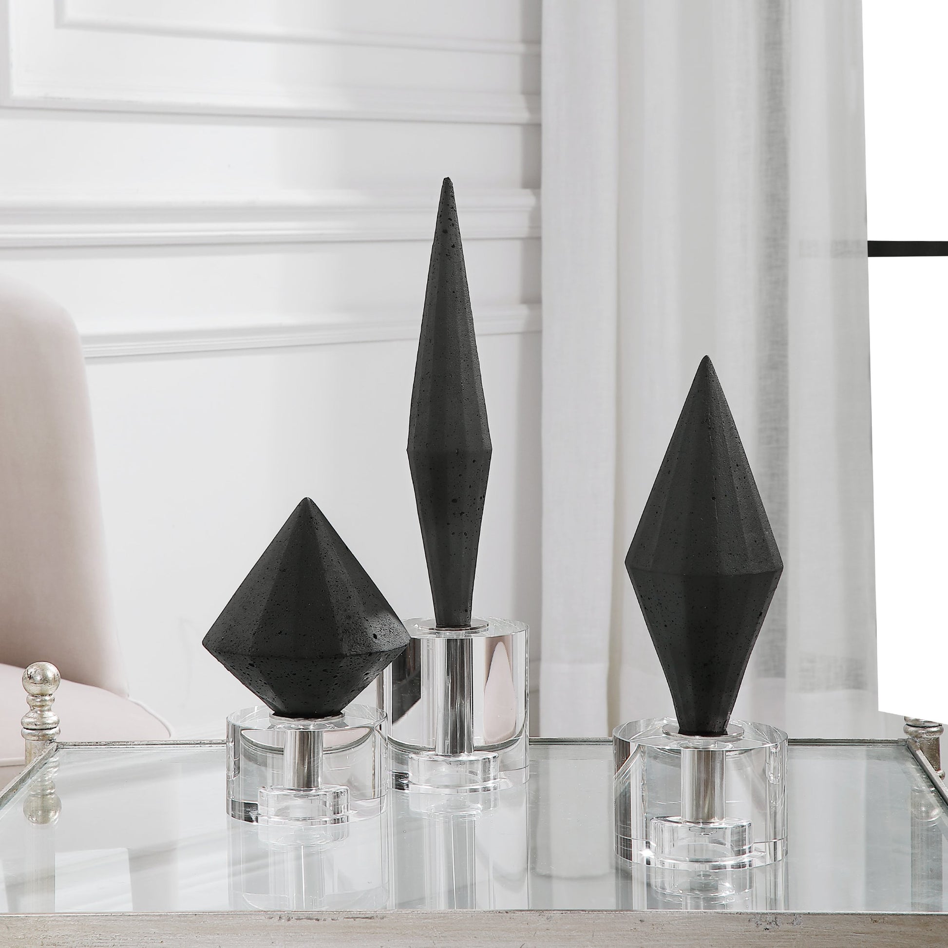 Alize Sculptures by Uttermost in black. Made from black rice stone resin, crystal in a modern style.
