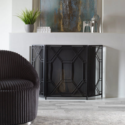 Rosen Fireplace Screen by Uttermost in gold. Made from metal in a traditional style.