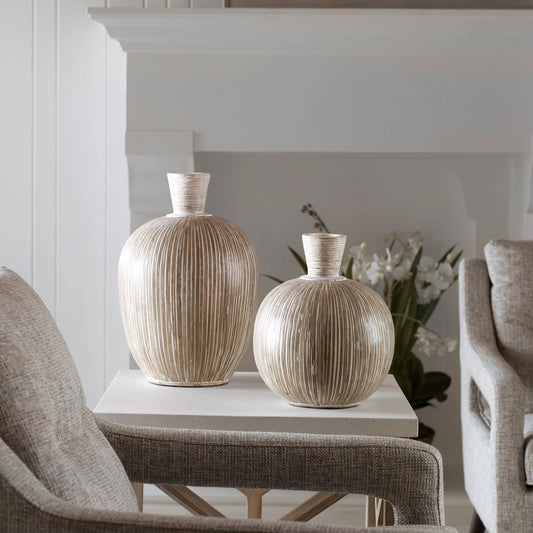 Islander Washed Vases by Uttermost in white washed. Made from terracota, bamboo in a modern style.