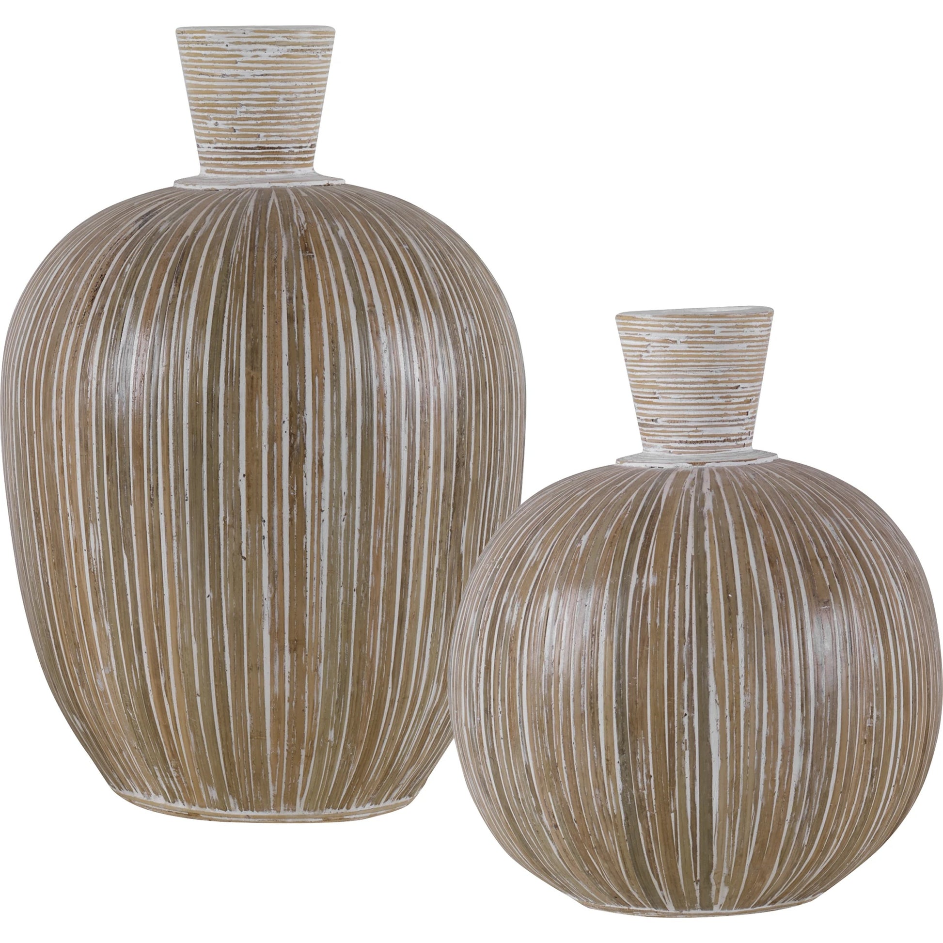 Islander Washed Vases by Uttermost in white washed. Made from terracota, bamboo in a modern style.
