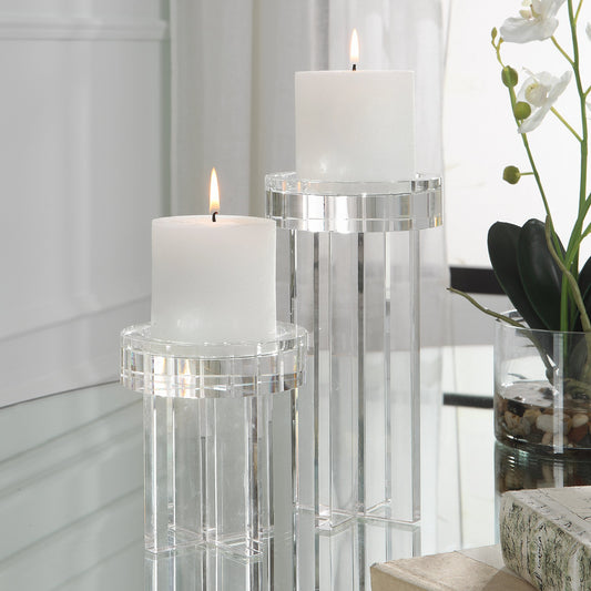 Crystal Pillar Candleholders by Uttermost in clear. Made from crystal in a modern style.