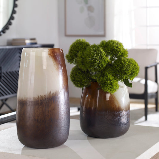 Desert Wind Vases by Uttermost in sand, rust, dark bronze. Made from glass in a modern style.