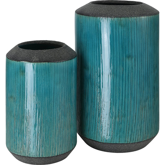 Maui Vases by Uttermost in aqua blue. Made from ceramic in a modern style.
