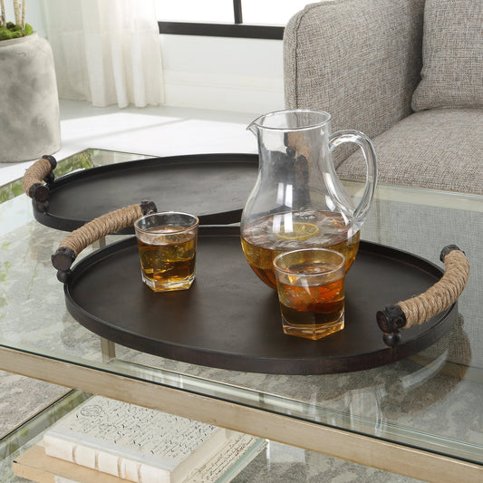 Viggo Trays by Uttermost in oxidized bronze. Made from iron, rope in a modern style.