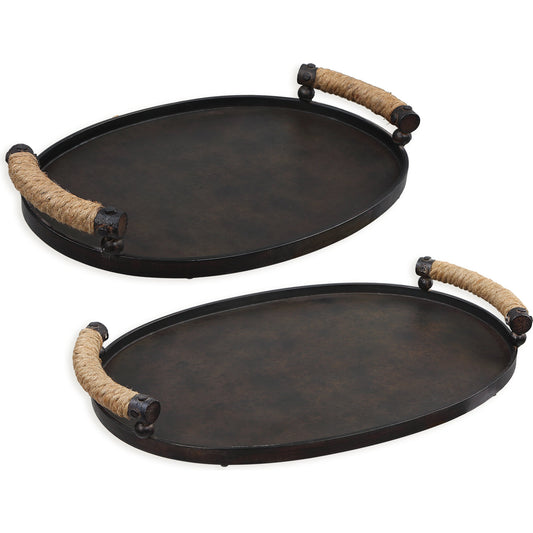 Viggo Trays by Uttermost in oxidized bronze. Made from iron, rope in a modern style.