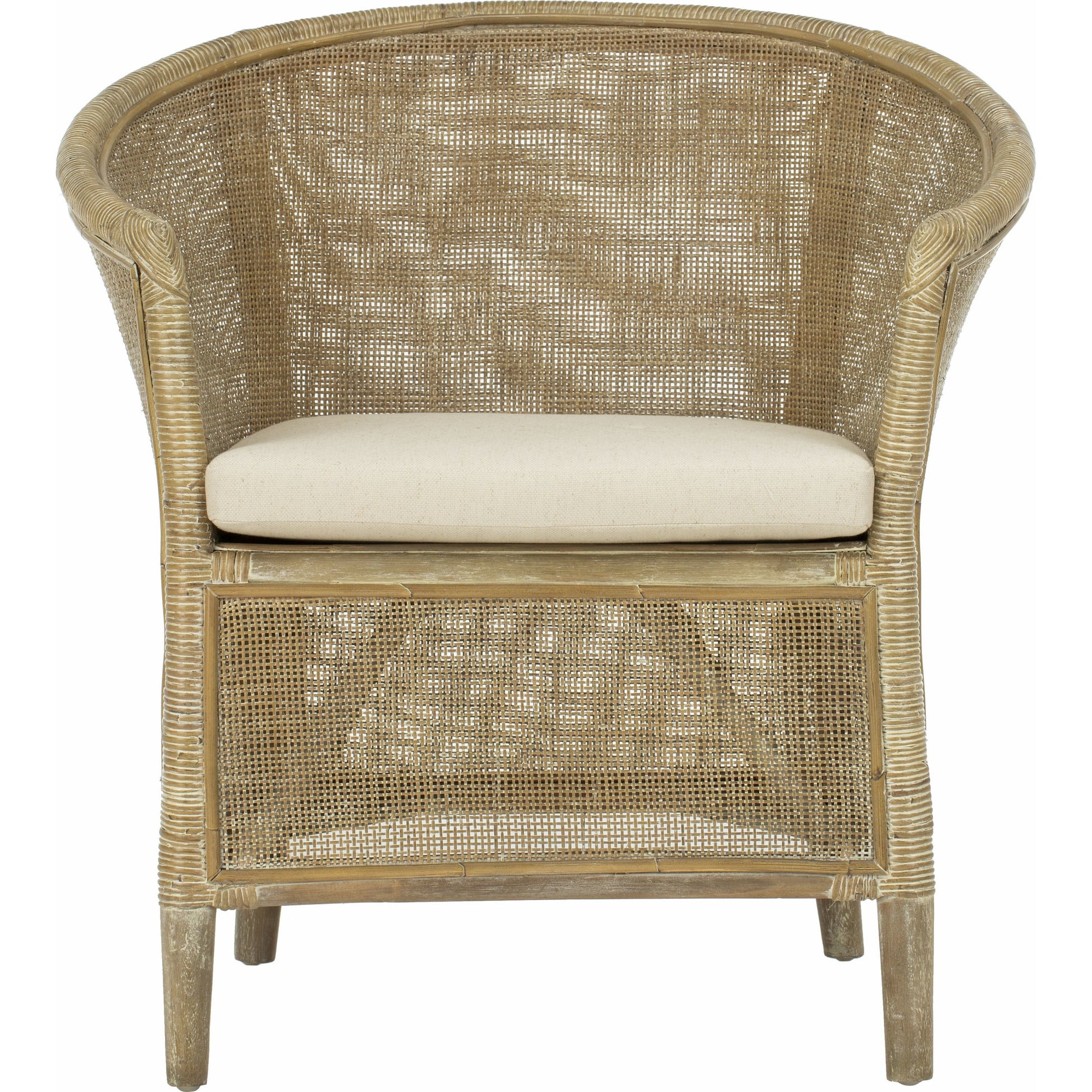 Attala Rattan Armchair by HedgeApple Essentials in white washed. Made from rattan in a coastal style.