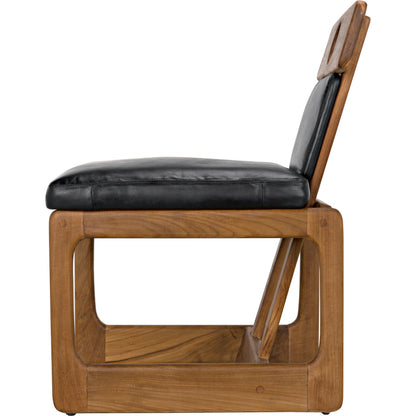 Buraco Dining Chair by Noir in clear coat gloss teak. Made from teak and black leather in a modern style.