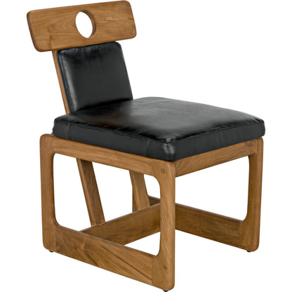 Buraco Dining Chair by Noir in clear coat gloss teak. Made from teak and black leather in a modern style.