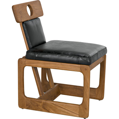 Buraco Dining Chair by Noir in clear coat gloss teak. Made from teak and black leather in a modern style.