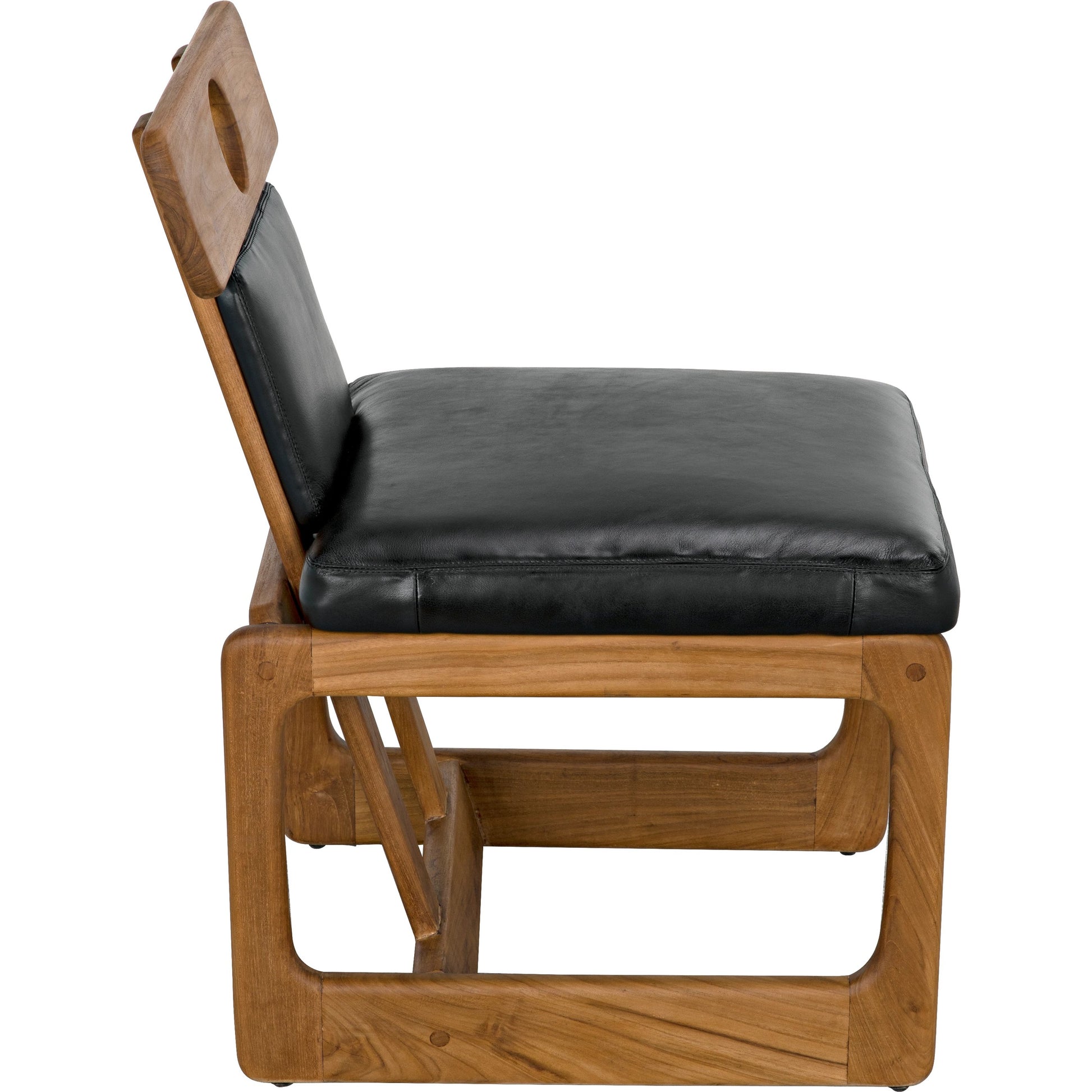 Buraco Dining Chair by Noir in clear coat gloss teak. Made from teak and black leather in a modern style.