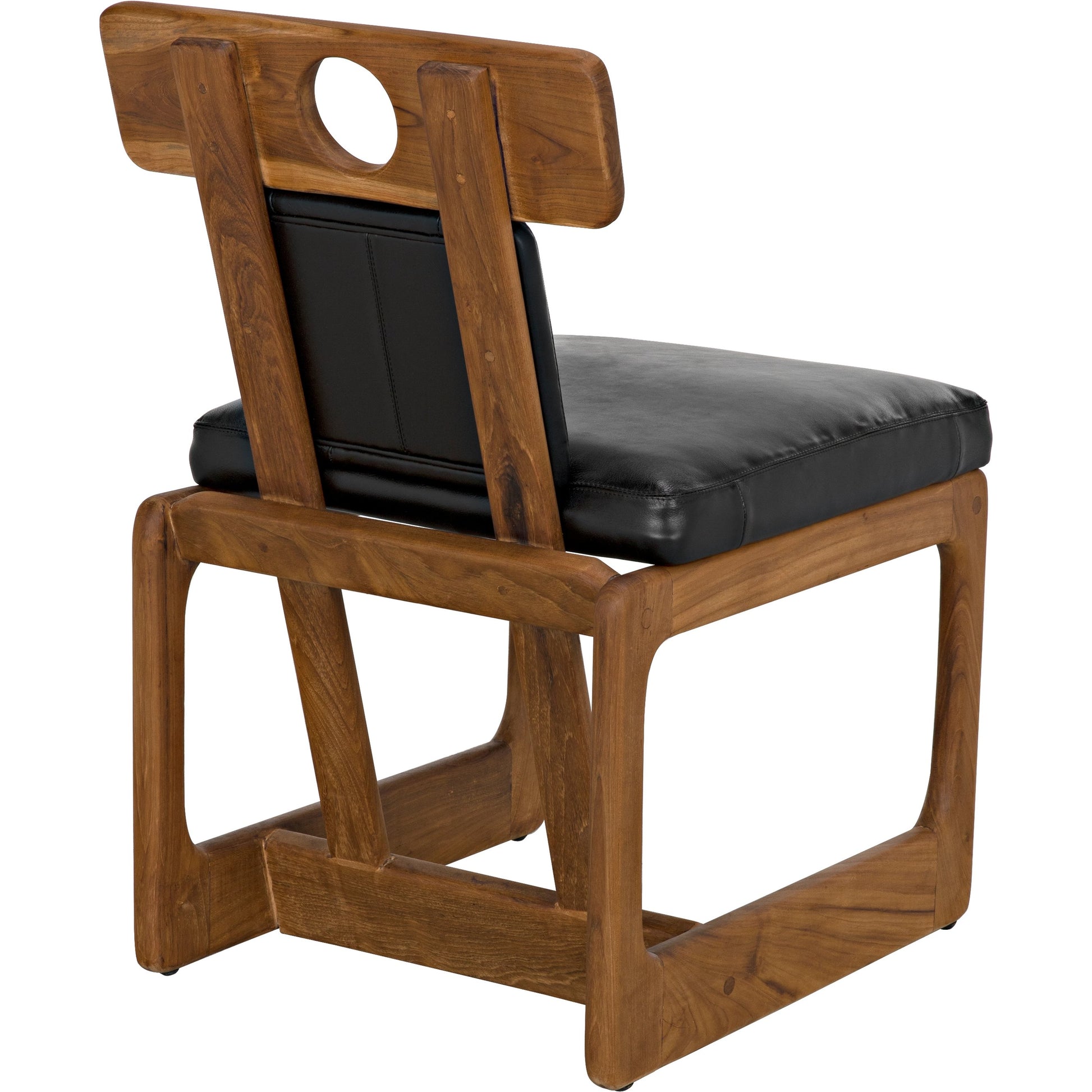 Buraco Dining Chair by Noir in clear coat gloss teak. Made from teak and black leather in a modern style.