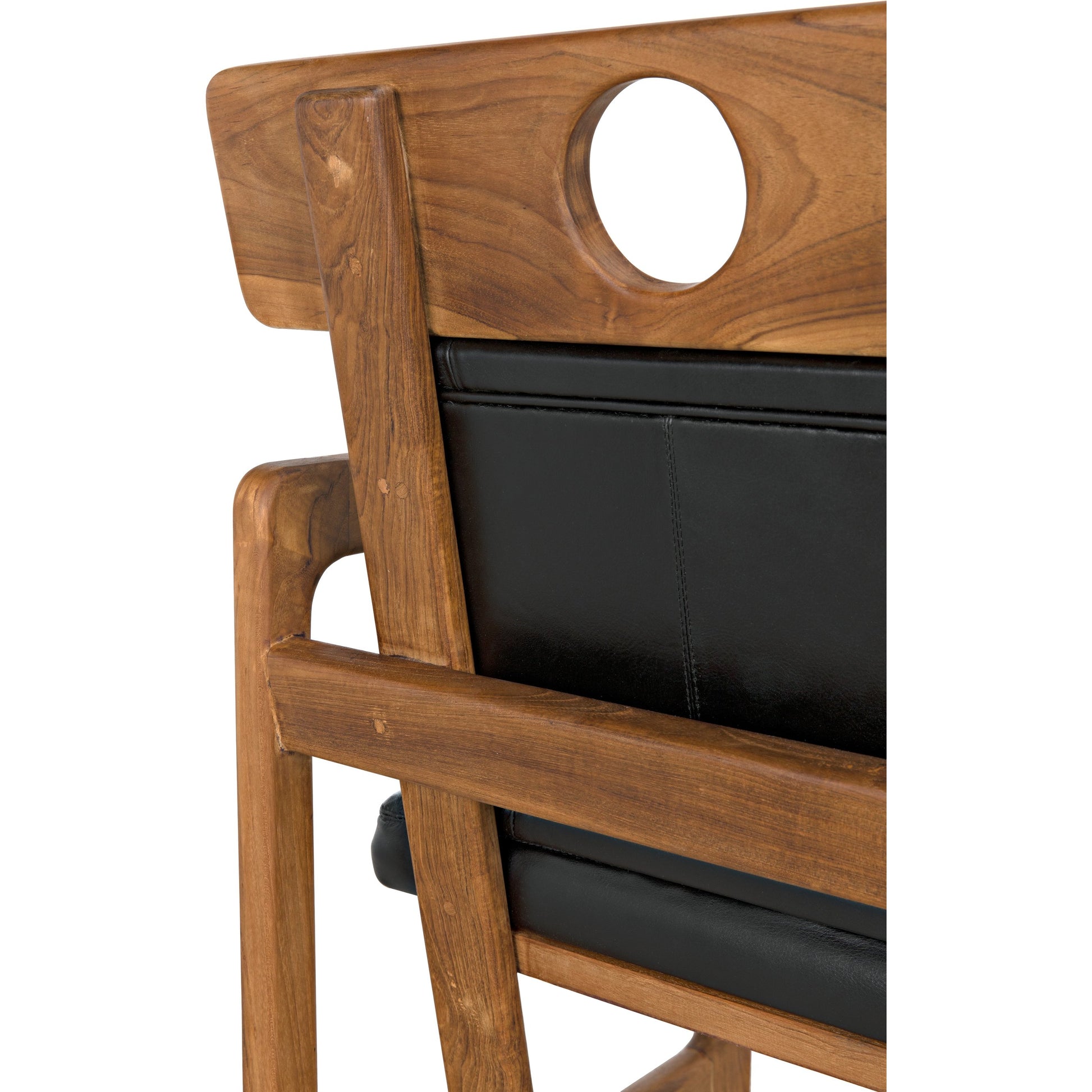 Buraco Arm Chair by Noir in clear coat gloss teak. Made from teak and black leather in a modern style.