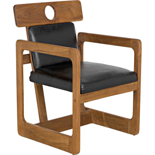 Buraco Arm Chair by Noir in clear coat gloss teak. Made from teak and black leather in a modern style.